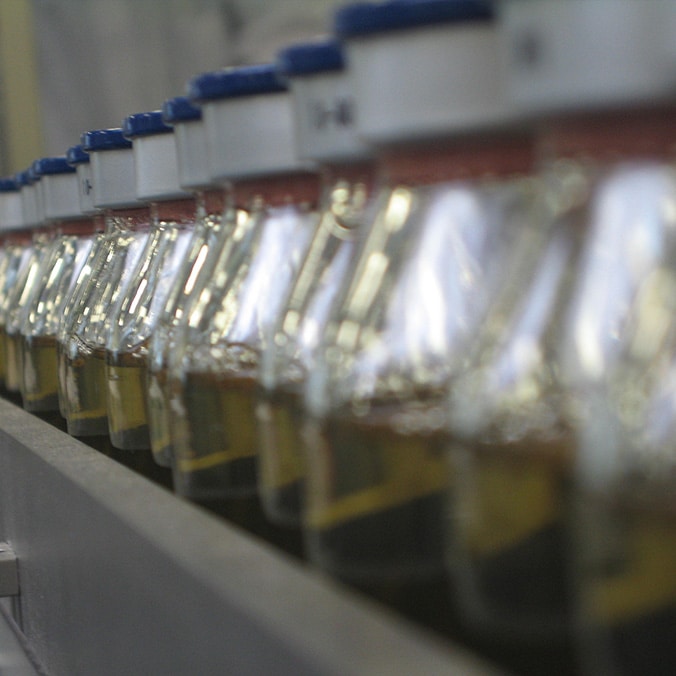 A row of transparent bottles with an undefined container on a production line.