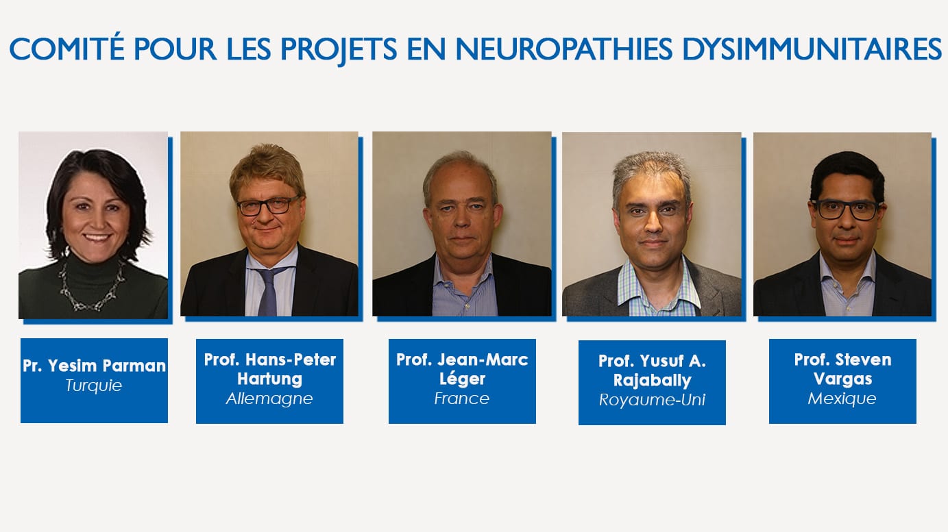 Comité pour les projets en neuropathies dysimmunitaires : Professeure Yesim Parman (Turquie), Professeur Hans-Peter Hartung (Allemagne), Professeur Jean-Marc Léger (France), Professeur Yusuf A. Rajabally (Royaume-Uni), Professeur Steven Vargas (Mexique)