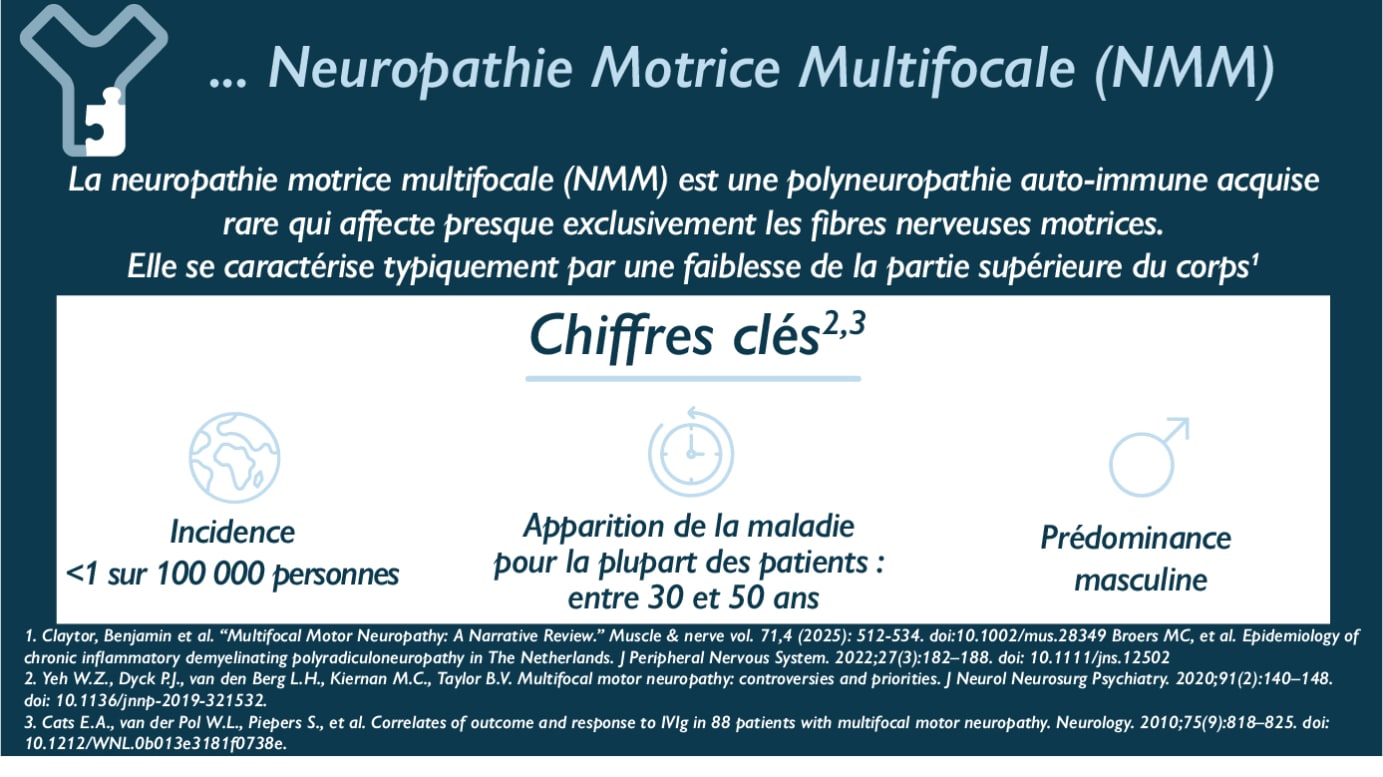 La neuropathie motrice multifocale (NMM) est une polyneuropathie auto-immune acquise rare qui affecte presque exclusivement les fibres nerveuses motrices. Elle se caractérise typiquement par une faiblesse de la partie supérieure du corps.