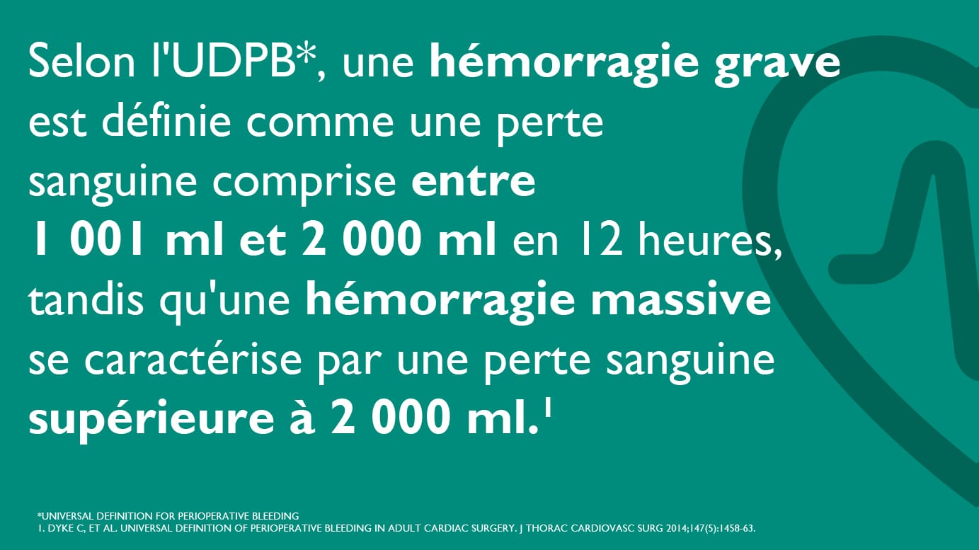 Selon l'UDPB (Universal Definition for Perioperative bleeding), une hémorragie grave est définie comme une perte sanguine comprise entre 1 001 ml et 2 000 ml en 12 heures, tandis qu'une hémorragie massive se caractérise par une perte sanguine supérieure à 2 000 ml. Sources: Dyke C, et al. Universal definition of perioperative bleeding in adult cardiac surgery. J Thorac Cardiovasc Surg 2014;147(5):1458-63.
