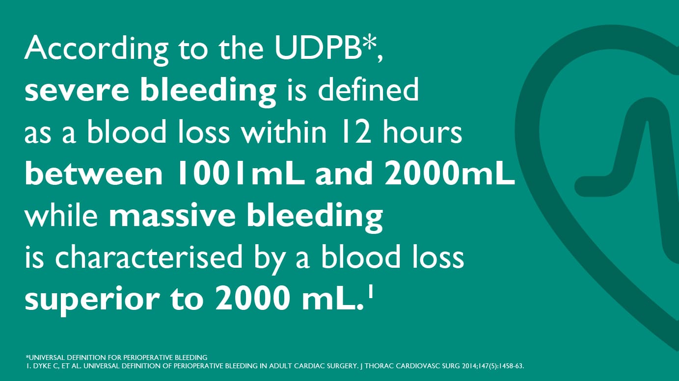 According to the UDPB (Universal Definition for Perioperative bleeding), severe bleeding is defined as a blood loss within 12 hours between 1001mL and 2000mL while massive bleeding is characterised by a blood loss superior to 2000 mL Sources: Dyke C, et al. Universal definition of perioperative bleeding in adult cardiac surgery. J Thorac Cardiovasc Surg 2014;147(5):1458-63.
