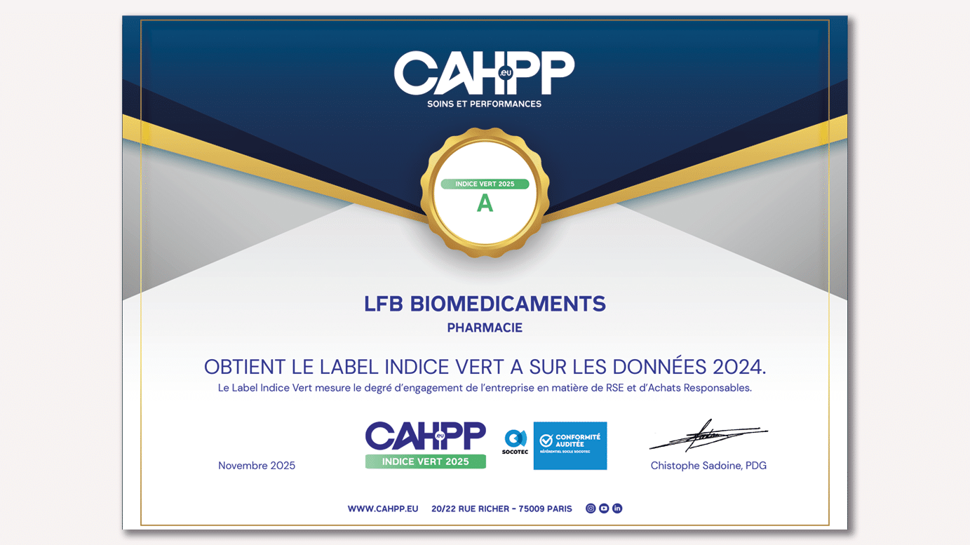 LFB obtient le Label indice vert A sur les données 2024, décerné par la CAHPP. Le Label Indice Vert mesure le degré d’engagement de l’entreprise en matière de RSE et d’Achats Responsables.