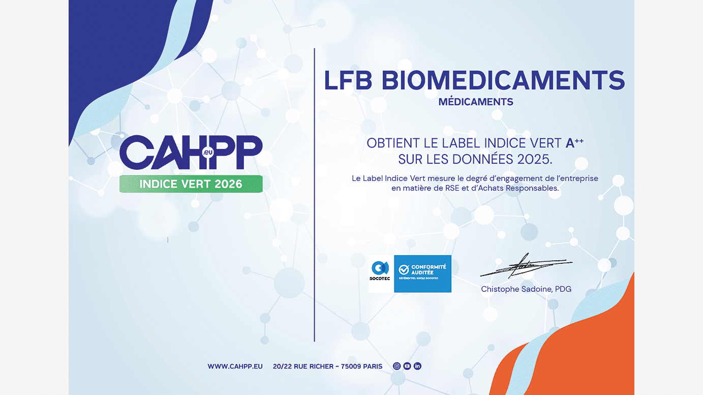 LFB OBTIENT LE LABEL INDICE VERT A++SUR LES DONNÉES 2025. Le Label Indice Vert mesure le degré d’engagement de l’entreprise en matière de RSE et d’Achats responsables.